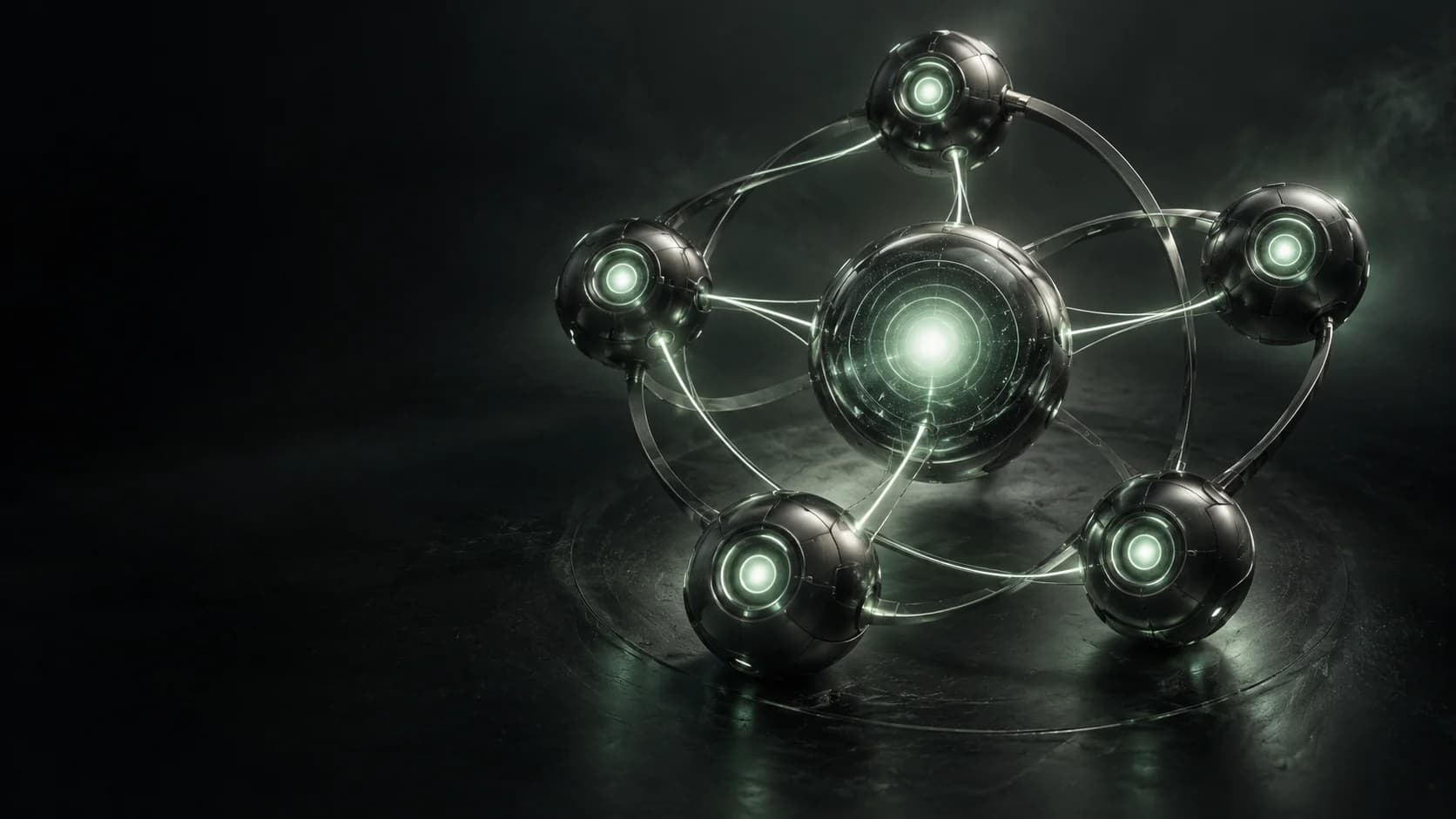 AI Agents represented as connected glass and graphite infrastructure